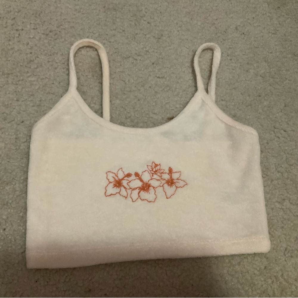 terry cloth crop top w/ hibiscus flowers